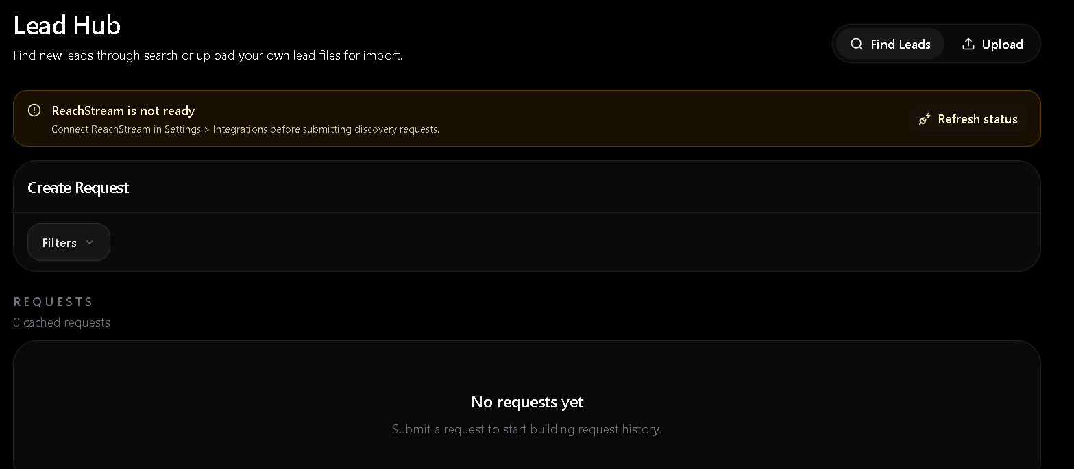 Lead Hub interface showing Find Leads search with filters and results table