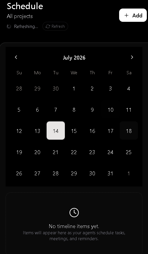 Schedule page showing time buckets: Active, Today, Tomorrow, This Week, Later, and Completed