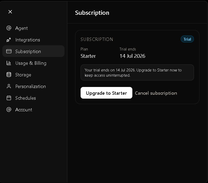 Subscription page showing current plan, trial end date, upgrade button, and manage billing